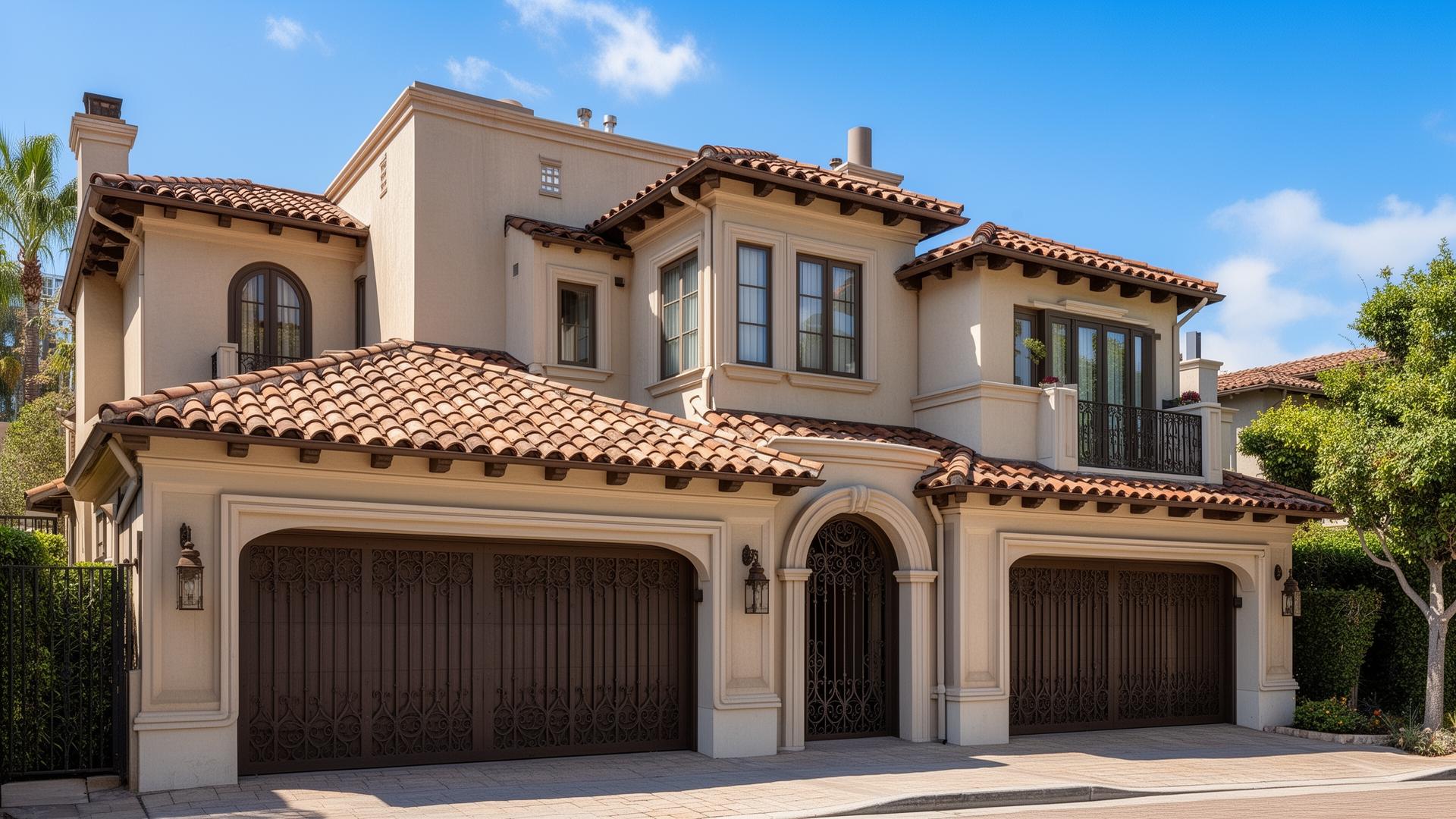 Spanish colonial style garage doors with decorative iron grilles on upscale townhouse in Oakridge, OR